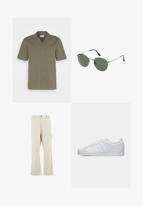 Korte mouwen shirt in olijfgroen, met een textuurstof, knoopsluiting, puntige kraag en twee voorzakken.; Witte katoenen t-shirt met korte mouwen, ronde hals, relaxte pasvorm en zonder zichtbare logo's of patronen. Gladde textuur en minimalistisch ontwerp.; Beige, wijde broek gemaakt van een katoenmix met een knoopsluiting. Voorzien van zijzakken en een subtiele textuur. Naaddetails zichtbaar.; Witte leren sneaker met een getextureerde rubberen neus, drie zijstreepjes en een gevoerde kraag. Platte witte veters en een minimalistisch ontwerp.; Metalen zonnebril met ovale groene lenzen. Dunne zilveren metalen rand en zwarte oorstoppers. Minimalistisch ontwerp, zonder zichtbare logo's.