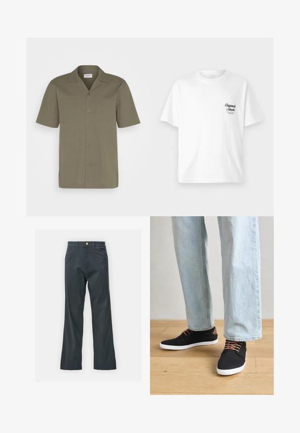 Trumpo rankovėmis marškiniai alyvuogių žalia spalva, su faktūruota medžiaga, mygtukų uždarymu, smailiu apykakle ir dviem priekinėmis kišenėmis.; Balta medvilninė marškinėliai su apvaliu kaklu, trumpomis rankovėmis ir juodu spausdintu logotipu kairėje krūtinės pusėje, turinčiu vintage rašmenų dizainą.; Juodos kelnės su tiesiu kirpimu, pagamintos iš medvilnės mišinio. Turi metalinį mygtuką ir šonines kišenes. Be matomų raštų.; Juodi drobės sportbačiai su rudos spalvos akcentais, baltais gumos padu, rudi raišteliai, derinami su šviesiai mėlynomis tiesiomis džinsinėmis kelnėmis. Medinis grindų fonas.