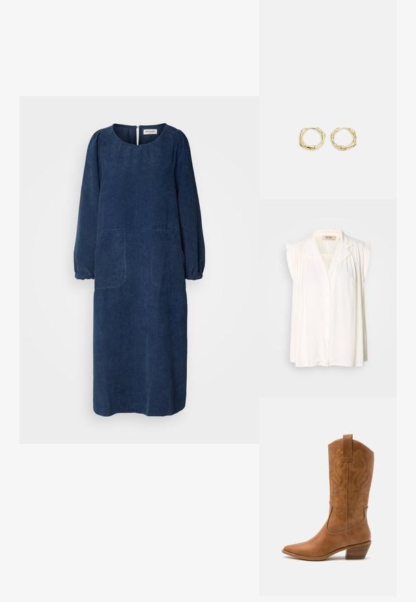 White sleeveless blouse with a collared neck, front button closure, and pleated shoulder details. Soft texture and flowing design.; Navy blue corduroy dress with long puffed sleeves, round neckline, two front pockets, and a back keyhole opening. Soft, textured fabric.; Tan leather cowboy boot with pointed toe, embroidered swirl patterns on shaft, and a stacked block heel. Features a pull tab for easy wear.; Black leather hobo bag with a single, soft, rounded handle; features a smooth texture and a minimalist design. No visible hardware or accents.; Gold hoop earrings with a textured, irregular shape. Features a seamless closure and a polished surface finish, emphasizing a modern design.