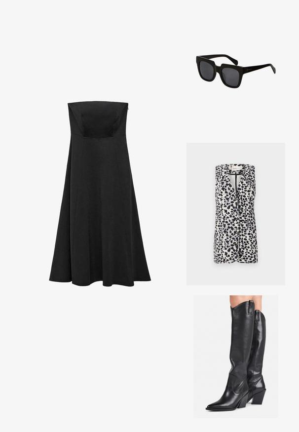 Kamizelka bez rękawów z wzorem w czarno-białe kropki, z kołnierzem notch i pięcioma zapięciami na guziki. Wykonana z lekkiego materiału.; Czarna sukienka bez ramiączek z dopasowanym bodicem i rozkloszowaną, do ziemi spódnicą. Wykonana z gładkiego materiału bez widocznych wzorów czy akcentów.; Czarne skórzane kozaki sięgające do kolan z wąskim noskiem, wygiętym cholewką i grubym obcasem. Posiadają gładką fakturę oraz uchwyty u góry.; Czarne prostokątne okulary przeciwsłoneczne z grubymi plastikowymi oprawkami i ciemnymi soczewkami. Ramiona są smukłe, z błyszczącym wykończeniem i minimalnym brandingiem.; Czarna pleciona torba na ramię z dwoma uchwytami, charakteryzująca się teksturowaną powierzchnią i prostokątnym kształtem. Prosty, unikalny design bez widocznych elementów metalowych.