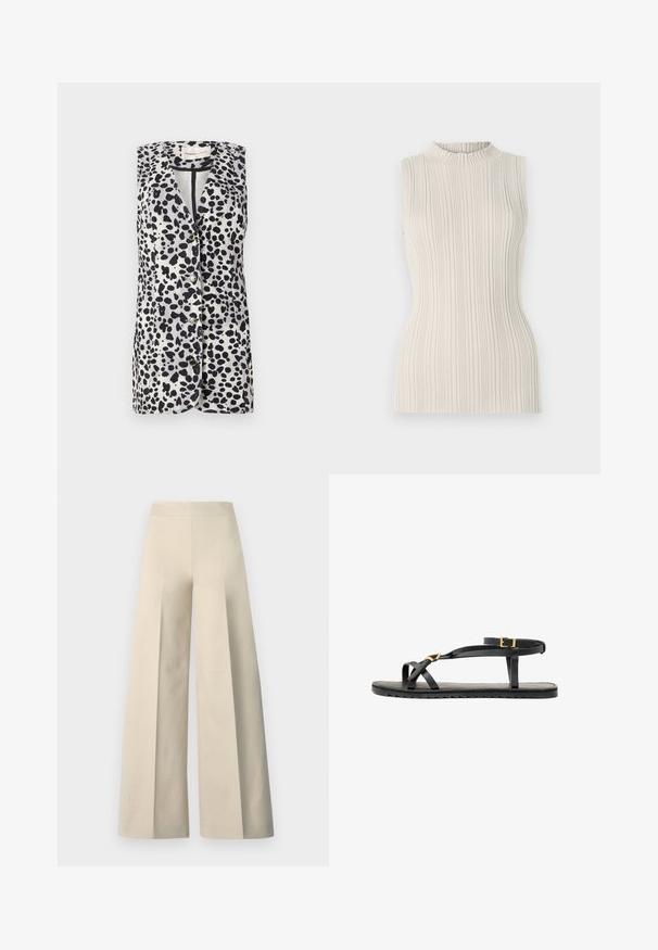 Bezrūpju veste ar melnbaltu plankumu rakstu, ar iegriezumu ap kaklu un pieciem pogu aizdariem. Izgatavota no viegla auduma.; Piedurknēns augšējais tērps gaišā bēšā krāsā, ar ribotu tekstūru un augstu, savilktu kakla izgriezumu. Pieguļošais siluets uzsver formu.; Bežīgas platās bikses ar gludu tekstūru, augstu jostasviedi un dziļām krokām priekšpusē. Iezīmē plašu un plūstošu griezumu.; Melni ādas sandales ar plāniem siksniņām un ar sprādzi regulējamu potīšu siksnu. Plakans zole ar teksturētu virsmu un zigzaga malu. Minimalistisks dizains.