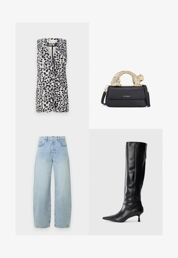 Gilet senza maniche caratterizzato da un motivo a macchie bianche e nere, con collo a scollo a V e chiusura a cinque bottoni. Realizzato in tessuto leggero.; Jeans a gamba larga in denim azzurro chiaro con vita alta, leggermente sbiaditi, cinque tasche e hardware dorato. L'orlo è dritto e non rifinito.; Stivale in pelle nera alto fino al ginocchio con punta affusolata e tacco sottile e curvato. Texture liscia, design aderente e senza hardware o motivi visibili.; Borsa a tracolla in pelle nera con manico a forma di gatto dorato, dotata di pattina frontale, tracolla regolabile e dettaglio logo sulla parte anteriore inferiore.