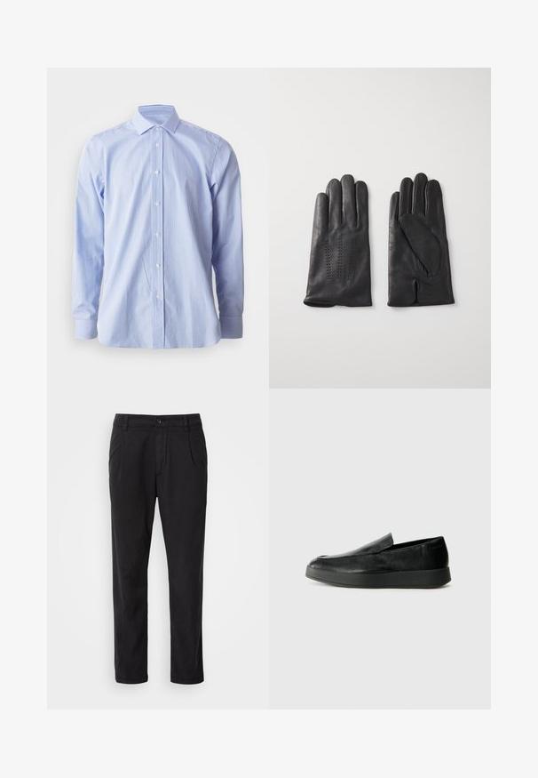 Camisa de vestir a rayas azules y blancas, de manga larga, con cierre de botones en el frente, cuello puntiagudo, tela de algodón, textura suave, diseño de corte clásico.; Pantalones negros de tela suave con un diseño de pierna recta, pliegues en la parte delantera y un cierre de botón en la cintura.; Calvin Klein HYBRID CUP - Zapatos sin cordones - triple black; Guantes de cuero negro con cinco dedos, que presentan costuras decorativas. El interior cuenta con un forro suave y un diseño de dedo índice abierto.