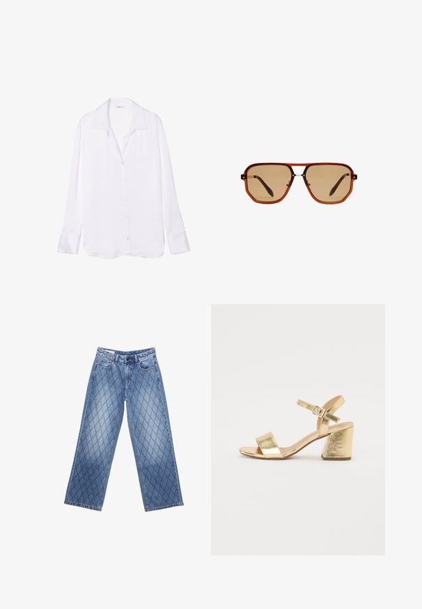 Camicia bianca a maniche lunghe con colletto a scollo a V, texture liscia e patta dei bottoni visibile sul davanti. Tessuto leggero che scivola delicatamente.; Jeans in denim a gamba larga di colore azzurro chiaro con un motivo a diamante trapuntato, dotati di cinque tasche e chiusura con bottone in vita.; Sandali alti metallici dorati con tacco largo, punta aperta e cinturino alla caviglia. Texture liscia e design minimalista.; Occhiali da sole ottagonali marroni con montatura trasparente color ambra e lenti sfumate marroni. Caratterizzati da un accento metallico sul ponte e stecche sottili.; Borsa a tracolla bianca in pelle con doppi manici e tracolla staccabile, dotata di una tasca con zip frontale e texture liscia. Portata al braccio di una persona.; Orecchini in metallo dorato con un design liscio e curvato che presenta una caratteristica forma a 'C'. Di dimensioni ridotte, con una finitura lucida e chiusura a clip per un indossamento sicuro.