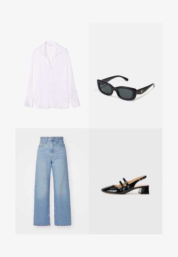 Weißes Langarm-Hemd mit Knopfleiste und Schlitzkragen, glatter Textur und sichtbarer Knopfleiste auf der Vorderseite. Leichter Stoff fällt weich.; Hellblaue High-Waist-Weite-Leg-Jeans mit Knopf- und Reißverschluss vorne, Vorder- und Rückentaschen, auf weißem Hintergrund.; Schwarzer lacklederner Slingback-Schuh mit spitzem Zehenbereich, zwei Riemendetails, goldenen runden Akzenten und niedrigem Blockabsatz.; Schwarze rechteckige Sonnenbrille mit dunklen Gläsern, aus glattem Kunststoff. Besitzt ein goldenes Logo-Element an einem Arm.; Schwarze, gesteppten Lederhandtasche mit einer goldfarbenen Kettenriemen und einem Drehverschluss, der mit einem runden Akzent verziert ist. Kompakte rechteckige Form.