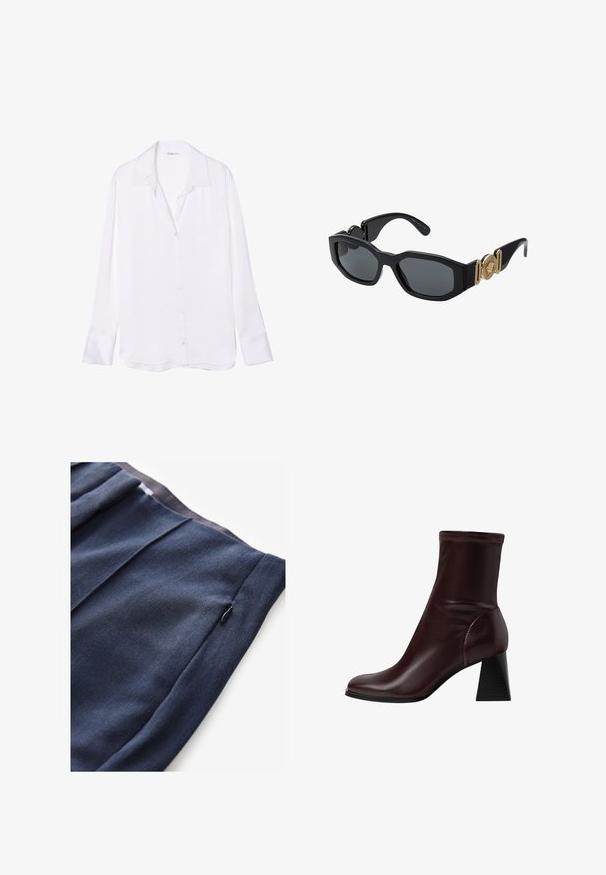 Camicia bianca a maniche lunghe con colletto a scollo a V, texture liscia e patta dei bottoni visibile sul davanti. Tessuto leggero che scivola delicatamente.; Pantaloni blu navy in tessuto testurizzato, con tasca laterale con zip e dettagli plissettati in vita.; Stradivarius BLOCK - Stivaletti - dark red; Occhiali da sole neri con una montatura geometrica spessa, lenti scure e accenti in metallo dorato sulle aste che presentano un dettaglio ad emblema rotondo.; Borsa a tracolla in pelle bianca con dettagli dorati, patta frontale e bordi neri, dotata di una tracolla a catena indossata a croce su una camicia azzurra chiara.