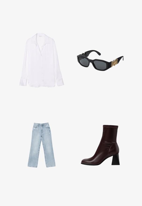 White long-sleeve button-up shirt with a notch collar, smooth texture, and visible button placket on the front. Light fabric drapes softly.; Light blue denim jeans with a wide-leg cut, distressed detailing, five-pocket design, and a zip-fly closure.; Stradivarius BLOCK - Classic ankle boots - dark red; Black sunglasses with a chunky geometric frame, dark lenses, and gold metal accents on the temples featuring a round emblem detail.; White leather handbag with gold hardware, a front flap, and black edging, featuring a chain strap worn crossbody against a light blue shirt.