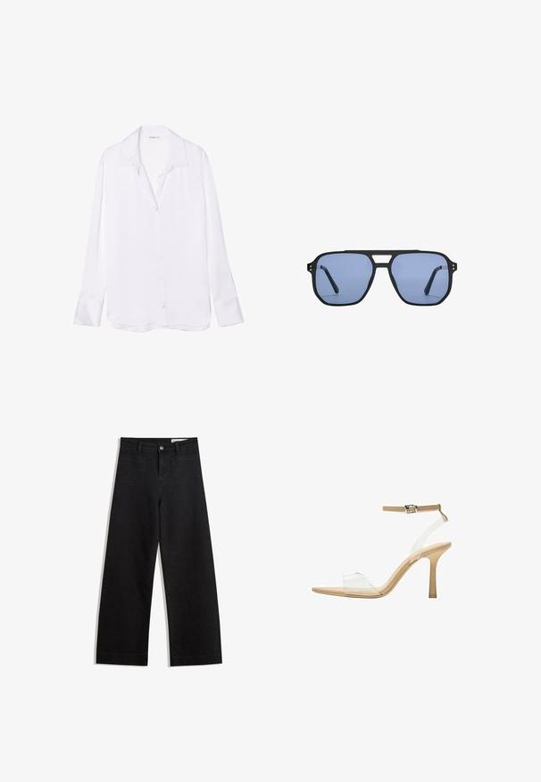 Chemise blanche à manches longues avec un col à rabat, texture lisse et patte de boutonnage visible sur le devant. Le tissu léger tombe doucement.; Pantalon en denim noir à jambes larges avec une taille haute, comprenant des poches avant et arrière, des coutures piquées et une fermeture à bouton. Texture lisse.; Sandale à talon transparent avec un supérieur transparent, semelle beige et une fine bride de cheville. Dispose d'un bout pointu et d'un fin talon haut.; Stradivarius RETRO - Lunettes de soleil - light blue