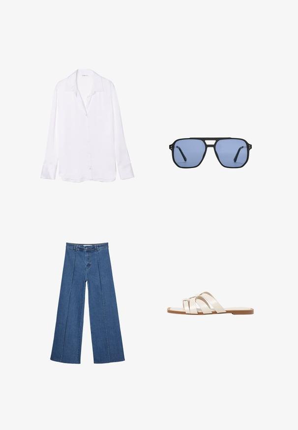 Weißes Langarm-Hemd mit Knopfleiste und Schlitzkragen, glatter Textur und sichtbarer Knopfleiste auf der Vorderseite. Leichter Stoff fällt weich.; Weite Jeans aus Denim in Mittelblau, mit hoher Taille, Knopfverschluss und kontrastierenden vertikalen Nahtdetails an der Vorderseite.; Flache Sandalen mit einer honigfarbenen Gummisohle, gestaltet mit drei überlappenden weißen Lederriemen und einem kleinen Schleifendetail in der Mitte.; Stradivarius RETRO - Sonnenbrille - light blue