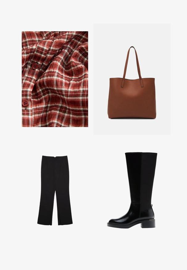 Rødt og hvidt ternet stof med en let tekstur, der har fire knapper. Mønstret inkluderer fine sorte linjer for detalje.; Sorte bukser med lige pasform, der har frontlommer og slidser i kanten. Lavet af blødt, glat stof. Velegnet til forskellige anledninger.; Knæhøje sorte læderstøvler med en blank finish, firkantet tå, blokhæl og en sidelæns detalje. Har en strammesløjfe bagpå.; Brun læder tote taske med en glat overflade, åben topdesign og to skulderremme. Har minimal syning og ingen synlig hardware.