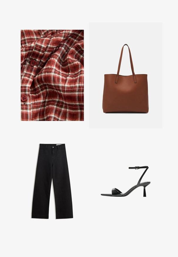 Rot-weiß kariertes Gewebe mit einer leichten Textur, das vier Knöpfe enthält. Das Muster weist dünne schwarze Linien für Details auf.; Schwarze weit geschnittene Jeans mit hoher Taille, ausgestattet mit Vorder- und Hintertaschen, gesteppten Nähten und einem Knopfverschluss. Glatte Textur.; Bershka High Heel Sandalette - black; Braune Leder-Tote mit glatter Textur, offenem Oberteil und zwei Schulterriemen. Verfügt über minimale Nähte und keine sichtbaren Beschläge.