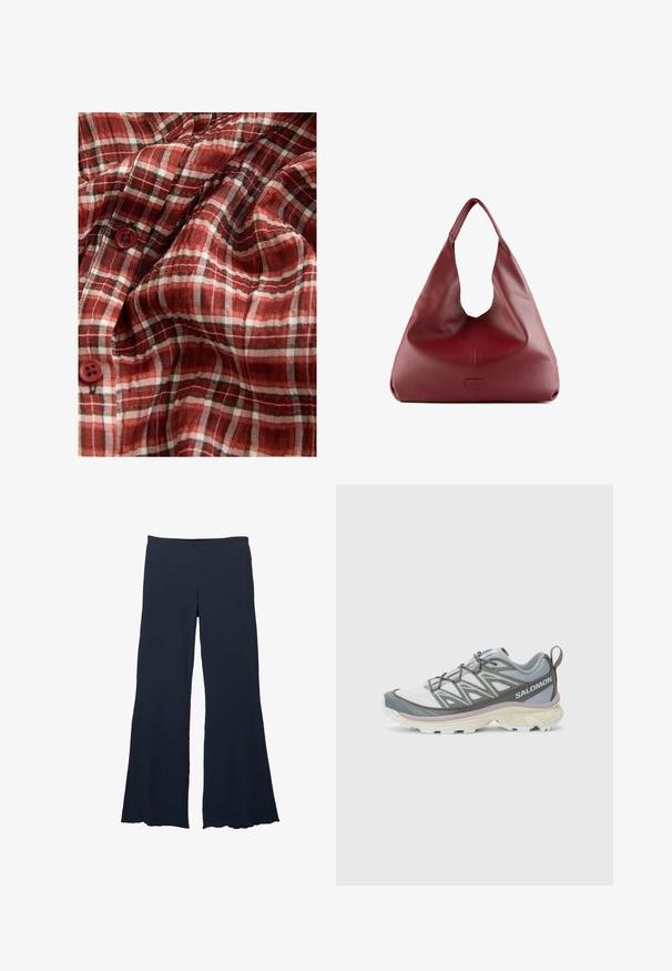 Červená a bílá kostkovaná tkanina s lehkou texturou, obsahující čtyři knoflíky. Vzor zahrnuje tenké černé linie pro detail.; Námořnické modré kalhoty širokého střihu z texturované látky s vysokým pasem a rozšířeným lemem, které mají hladký a plynulý siluetu.; Lehká běžecká bota vyrobená z více materiálů, se šedým a bílým svrškem, texturovanou síťovinou, polstrovanou podrážkou a výraznými detaily šněrování.; Červená kůže hobo taška s širokým, volnějším designem a velkým otvorem, zdobená jemnou texturou a logo vyraženým na přední straně.