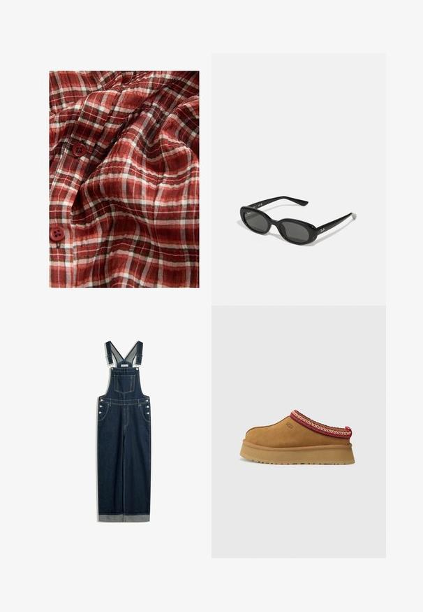 Tessuto a quadri rosso e bianco con una texture leggera, dotato di quattro bottoni. Il motivo include sottili linee nere per dettagli.; Salopette in denim blu scuro, con bretelle regolabili, tasca frontale, bottoni laterali e una silhouette a gamba larga con orlo a risvolto.; Scarpa slip-on in suede marrone con bordi a motivo rosso e crema, suola testurizzata e logo UGG di lato. Presenta un leggero rialzo della suola.; Occhiali da sole neri con lenti ovali, montatura in plastica lucida e stecche sottili. Presentano il logo Ray-Ban in bianco sul lato.