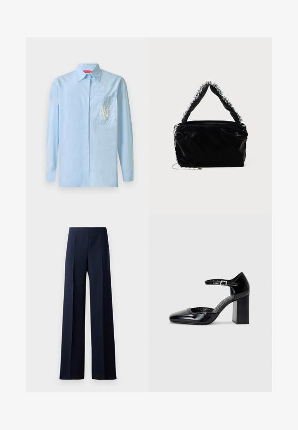 Camisa de manga longa azul clara com fecho de botões, colarinho clássico e bolso no lado esquerdo do peito, apresentando um elaborado design de logotipo branco.; Calças largas em tecido azul marinho escuro, com uma textura suave, pregas frontais subtis e um cós ajustado para uma silhueta elegante.; Sapatos de salto alto em pele envernizada preta, com bico quadrado, tira no tornozelo e salto robusto. Inclui detalhes perfurados ao longo da borda.; Bolsa de mão em pele sintética preta com acabamento texturizado, apresentando um detalhe de contas prateadas ao longo da alça superior e uma alça de corrente.