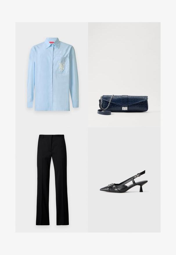 Világoskék, hosszú ujjú ing gombos elejével, klasszikus gallérral és egy bal oldali zsebével, amely egy díszes fehér logóval rendelkezik.; Fekete, sima anyagú, egyenes szárú nadrág, lapos elülső résszel, övhurkokkal, és látható zsebek vagy díszítések nélkül.; Fekete bőr slingback cipő hegyes orral, dekoratív pántokkal, fém szemekkel és alacsony blokk sarkú. Texturált felület.; Sötétkék bőr retikül krokodilbőr textúrával, ezüst lánc pánttal és fém csattal. Téglalap alakú, felhajtható kialakítással.
