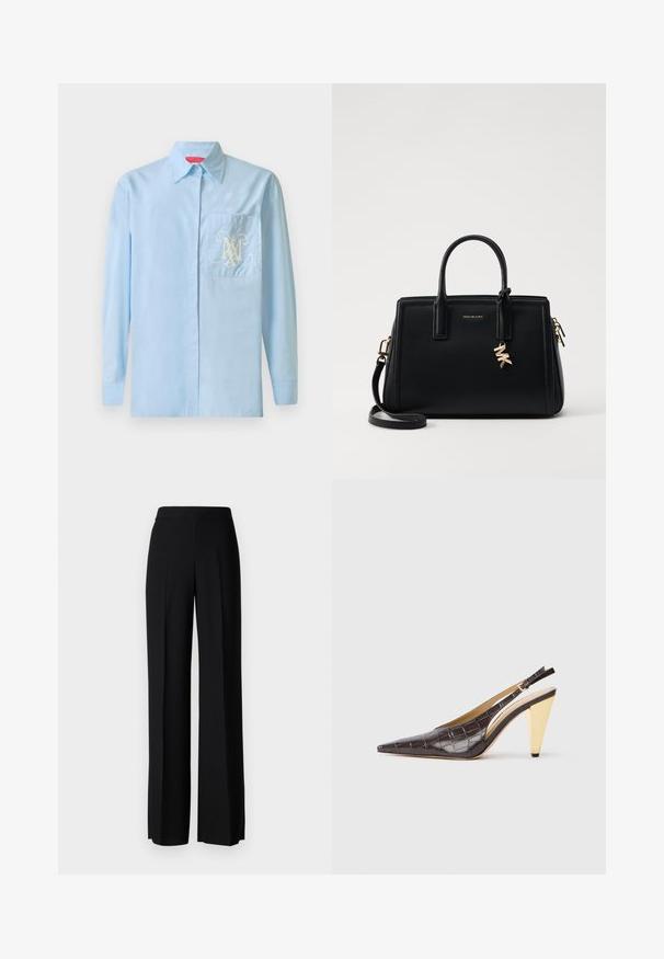Lyseblå langermet skjorte med knappefront, klassisk krage og lomme på venstre bryst som har et utsmykket hvitt logodesign.; Sorte vidde bukser med en glatt tekstur, med høy midje og sentrale folder. Ingen synlige mønstre eller maskinvaredetaljer.; Spenne-punktet hæl i mørkebrun, blank faux krokodillelær. Har en gullfarge geometrisk hæl og justerbar ankelstropp.; Svart skinnhåndveske med strukturert design, doble topphåndtak, avtakbar skulderrem, gullfarget hardware og en logo-detalj.