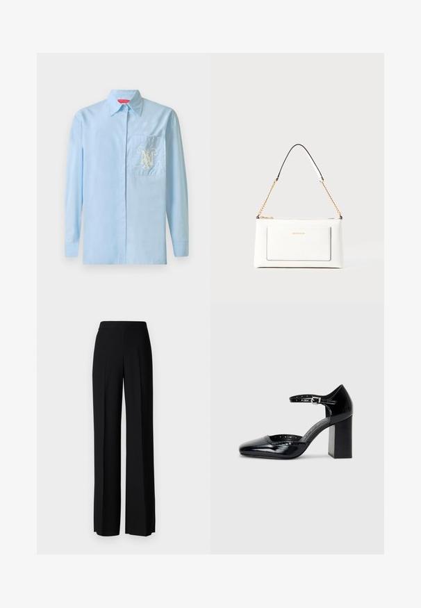 Himmelblaues Langarmhemd mit Knopfleiste, klassischem Kragen und Brusttasche auf der linken Seite, die ein verschnörkeltes weißes Logodesign zeigt.; Schwarze weite Hosen mit einer glatten Textur, ausgestattet mit einem hohen Bund und mittleren Falten. Keine sichtbaren Muster oder Hardware-Details.; Schwarze patentierte Leder-High Heels mit quadratischer Zehenform, Knöchelriemchen und dicker Absatz. Enthält durchbrochene Details entlang des Randes.; Weißes Lederhandtasche mit strukturierter Oberfläche, ausgestattet mit einem goldenen Kettenriemen und schwarzen Akzenten. Enthält eine Fronttasche und einen Reißverschluss.
