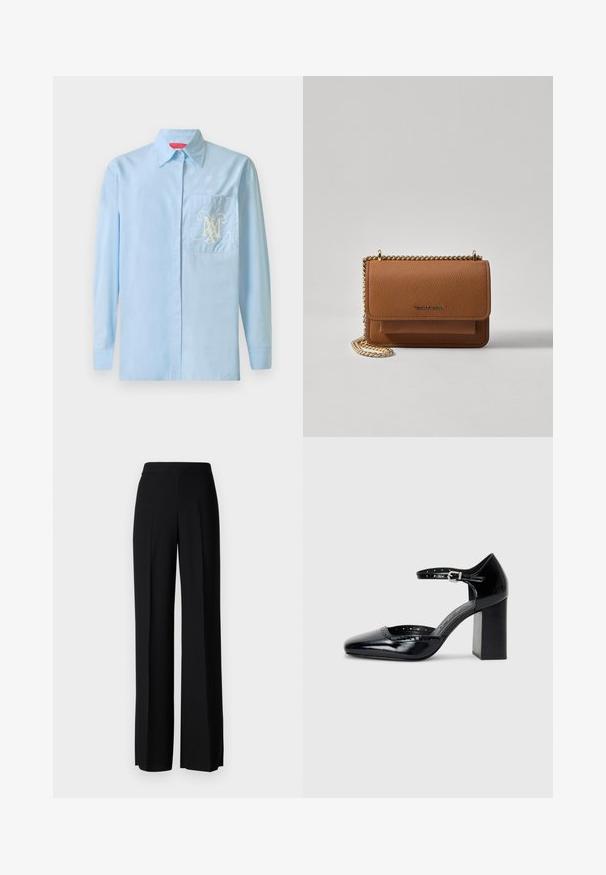 Camicia azzurra a maniche lunghe con bottoni sul davanti, colletto classico e taschino sul lato sinistro che presenta un elaborato design del logo bianco.; Pantaloni neri a gamba larga con una texture liscia, dotati di una vita alta e pieghe centrali. Nessun motivo visibile o dettagli in metallo.; Scarpe col tacco alto in pelle verniciata nera con punta quadrata, cinturino alla caviglia e tacco chunky. Include dettagli perforati lungo il bordo.; Borsa a tracolla in pelle marrone con texture, dotata di catena dorata e chiusura a pattina. Sul davanti presenta un dettaglio con logo e una tasca sotto la pattina.