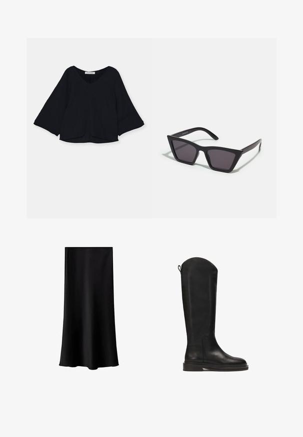 Musta yläosa V-pääntiellä, pitkissä kellotetuissa hihoissa ja teksturoitussa kankaassa. Helma on hieman kaareva, mikä luo löysän siluetin.; Mustat midi hameet, jotka on valmistettu sileästä, kevyestä kankaasta. Ominaisuuksiin kuuluu suora leikkaus, ei näkyvää varustusta ja yksinkertainen, ilman kuvioita oleva muotoilu.; Musta nahkasaapas polven yli, jossa on sileä pinta, pyöreä yläosa, tukeva pohja ja minimalistinen muotoilu. Takana on lenkki helpompaa pukemista varten.; Mustat, kulmikkaat aurinkolasit harmailla linsseillä; valmistettu muovista, paksuilla varsilla, joissa on sileä pinta ja ilman näkyvää metalliosaa.