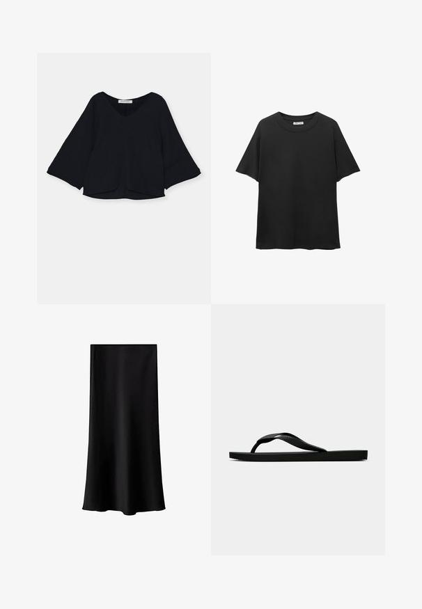 Maglietta nera con scollo a V, maniche lunghe a campana e tessuto strutturato. L'orlo è leggermente curvato, creando una silhouette morbida.; T-shirt nera realizzata in cotone, con scollatura rotonda, maniche corte e una vestibilità comoda con una texture liscia.; Gonna midi nera realizzata in tessuto liscio e leggero. Presenta una linea dritta, senza componenti visibili e un design semplice senza fantasie.; Infradito in gomma nera con cinturino testurizzato e suola piatta semplice, mostrati di lato su uno sfondo chiaro e uniforme.