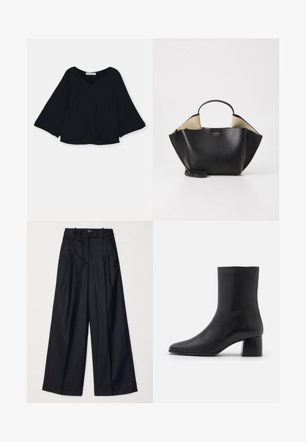 Svart topp med V-ringning, långa trumpetärmar och en texturerad väv. Sömmen är något rundad, vilket skapar en lös siluett.; Svarta vida byxor i slät tyg, med hög midja, veck och skräddarsydd design. Enkel svart detalj vid midjan.; Svart läderankelstövel med spetsig tå och chunkig fyrkantig klack. Slät textur med sömlös design och minimalistisk sömnad.; Ree Projects ANN TOTE MINI - Handväska - black