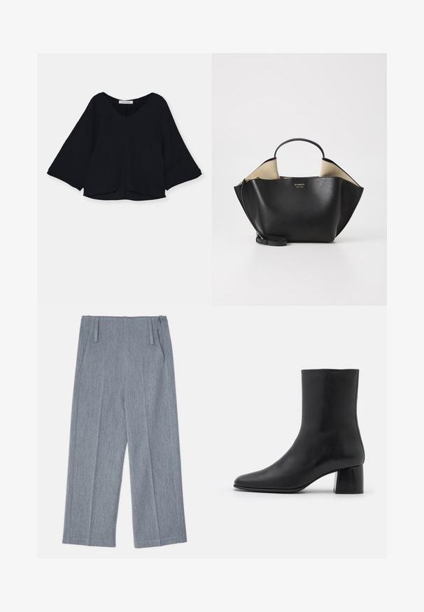 Černý top s výstřihem do V, dlouhými zvonovými rukávy a texturovanou látkou. Spodní lem je mírně zakřivený, což vytváří volný siluetu.; Svetle šedé, široké kalhoty vyrobené z texturované tkaniny, s dvěma předními sklady a dvěma bočními kapsami. Čistý, upravený design.; Černé kožené kotníkové boty s špičatou špičkou a robustním čtvercovým podpatek. Hladká textura s bezšvovým designem a minimalistickým prošíváním.; Ree Projects ANN TOTE MINI - Kabelka - black