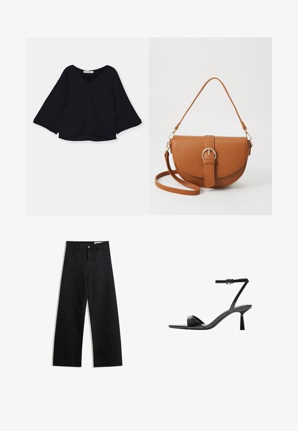 Zwarte top met een V-hals, lange belmouwen en een gestructureerde stof. De zoom is licht gebogen, waardoor een losse silhouet ontstaat.; Zwarte denim broek met wijde pijpen en een hoge taille, voorzien van voor- en achterzakken, gestikte naden en een knoopsluiting. Gladde textuur.; Bershka Sandalen met hoge hak - black; Bruine leren schoudertas met een gebogen vorm, gouden hardware en een gespaccent. Bevat een afneembare schouderriem.
