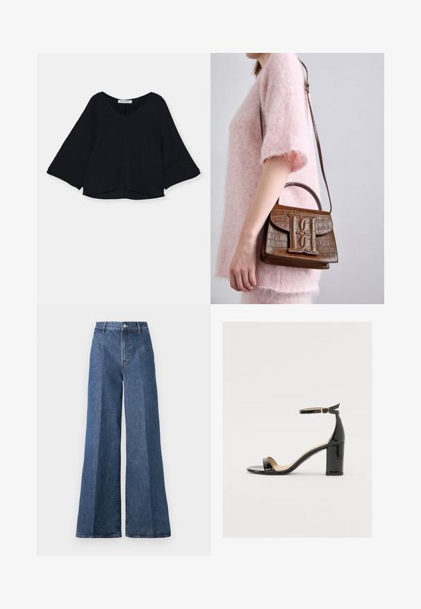 Maglietta nera con scollo a V, maniche lunghe a campana e tessuto strutturato. L'orlo è leggermente curvato, creando una silhouette morbida.; Jeans in denim blu a gamba larga con vita alta, caratterizzati da un classico stile a cinque tasche e chiusura con bottone, realizzati in tessuto di cotone testurizzato.; Sandalo in vernice nera con tacco largo, punta aperta e cinturino alla caviglia con fibbia dorata. Texture liscia e design elegante.; Borsa a mano con effetto coccodrillo marrone, dotata di manico superiore e tracolla. Presenta un logo prominente sulla patta frontale. Texture morbida.
