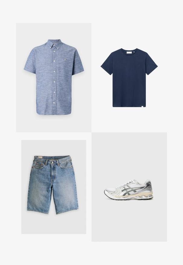 Saumaan hihallinen nappipaita kevyessä sinisessä tekstuurikankaassa. Varustettu kauluksella, edessä nappilista ja pieni symboli rinnan cerca.; Tummansininen puuvillapaita, jossa on pyöreä pääntie, lyhyet hihat ja pieni brodeerattu logo vasemmassa rinnassa. Sujuva pinta.; Vaaleansiniset farkkushortsit klassisella leikkauksella. Ominaisuuksiin kuuluu viisi taskua, oranssit ompeleet ja raidanreunat.; Valkoinen urheilukenkä, jossa on hopeisia ja mustia yksityiskohtia, verkkokangasyläosa, teksturoitu muotoilu, pehmeä pohja ja joustava kulutuspinta.