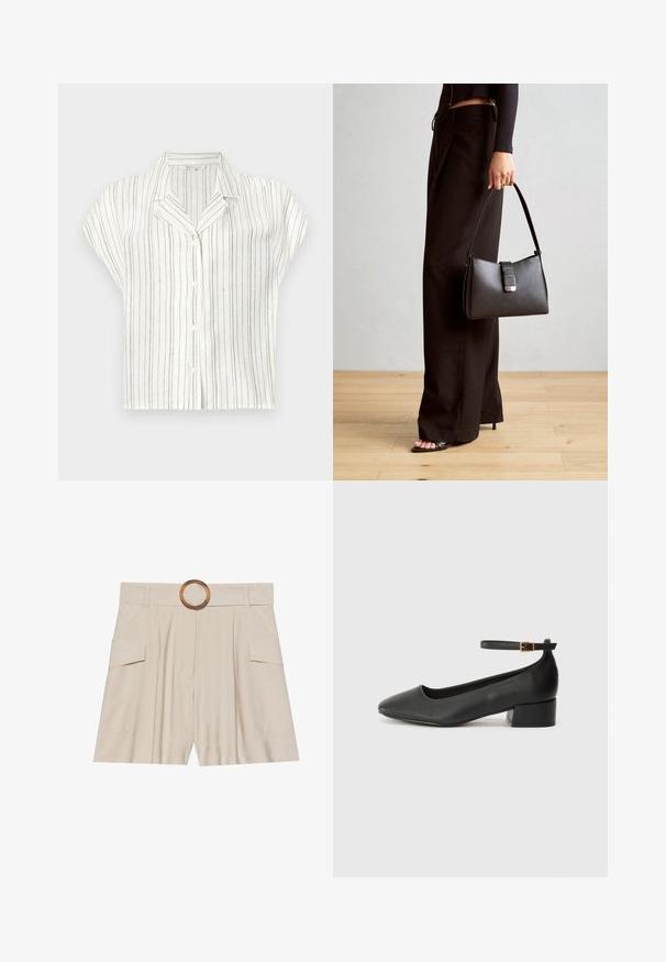 Cămașă cu mânecă scurtă dintr-un material ușor, de culoare crem, cu dungi verticale maronii, având un închidere cu nasturi și un guler cu decupaj.; Șorturi bej cu talie înaltă, cu un brâu larg și plat, cataramă circulară din lemn, față pliată și două buzunare laterale. Textură de material neted.; Pantof cu toc negru din piele, cu vârf ascuțit și toc mic pătrat. Dispune de o curea la gleznă cu o cataramă în tonuri de aur. Textură netedă.; Genți negre cu o formă structurată, textură netedă și un închizător metalic. Asortată cu pantaloni negri largi și sandale cu vârf deschis pe un podea din lemn.