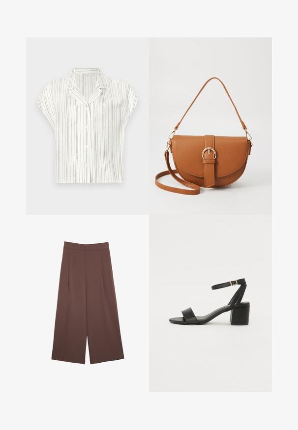 Kurzarmhemd aus leichtem, cremefarbenem Stoff mit vertikalen braunen Streifen, ausgestattet mit einer Knopfleiste und einem Ausschnittkragen-Design.; Braune Weite-Leg-Hosen mit einer glatten Textur, hoher Taille und Vorderfalten. Der Stoff ist leicht und fällt locker.; Schwarze High Heels Sandalen mit einem glatten Lederoberteil, offener Zehenpartie, breiten Vorderstraps und verstellbarem Knöchelriemen mit einem goldenen Schnallen-Detail.; Braune Leder-Crossbody-Tasche mit geschwungener Form, goldfarbenen Beschlägen und einer Schnallenakzentuierung. Verfügt über einen abnehmbaren Schultergurt.