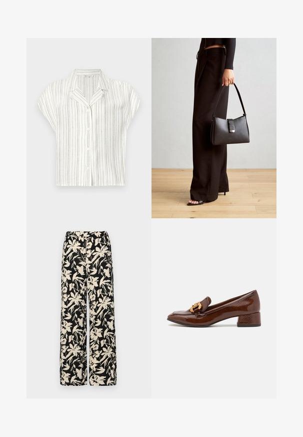 Camicia a maniche corte in tessuto leggero color crema con righe verticali marroni, dotata di chiusura a bottoni e colletto a punte.; Pantaloni larghi neri con un motivo floreale crema. Realizzati in tessuto leggero, con una texture liscia e una vita alta.; Mocassini in pelle marrone con finitura lucida, caratterizzati da una fibbia dorata decorativa sulla parte anteriore e un tacco basso a blocco. Design classico.; Borsa nera con forma strutturata, texture liscia e una chiusura metallica. Abbinata a pantaloni neri larghi e sandali open-toe su un pavimento in legno.