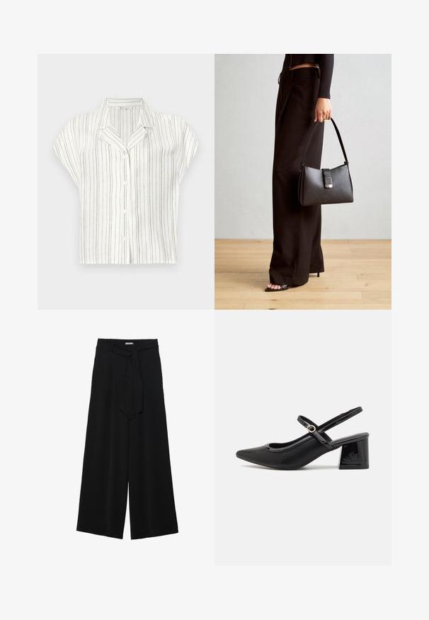 Košulja kratkih rukava od lagane krem tkanine s vertikalnim smeškastim prugama, s kopčanjem na dugme i dizajnom ovratnika s rezom.; Crne široke hlače od teksturirane tkanine, s elastičnom pojasom i odvojivim remenom na struku za prilagodivo pristajanje.; Crne lakirane slingback visoke potpetice s šiljastim vrhom, zaobljenim izrezom i blok potpeticom. Sadrži akcent zlatnog tona s kopčom.; Crna torba s oblikom koji sadrži strukturu, glađu teksturu i metalnu kopču. Uparena s širokim crnim hlačama i sandalama na otvorenom s drvenog poda.