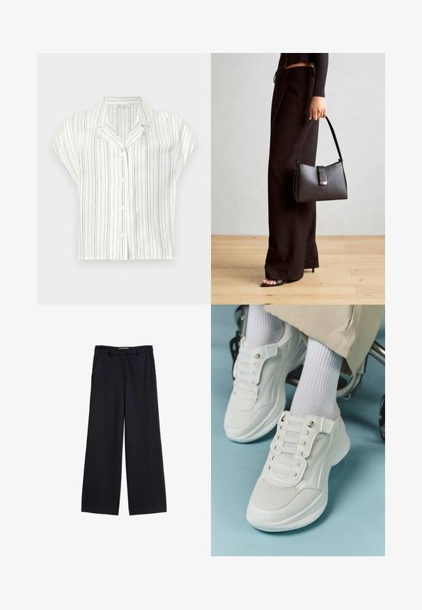 Kurzarmhemd aus leichtem, cremefarbenem Stoff mit vertikalen braunen Streifen, ausgestattet mit einer Knopfleiste und einem Ausschnittkragen-Design.; Weite Hosen aus dunkelblauem Stoff, mit flachem Bund, Gürtelschlaufen und zwei Seitentaschen. Glatte Textur ohne Muster.; Weiße Sneaker aus Mesh-Material, mit Gummisohle, schnürfreiem Design mit elastischen Bändern und goldfarbenen Akzenten.; Schwarze Handtasche mit strukturierter Form, glatter Textur und einem metallischen Verschluss. Kombiniert mit weiten schwarzen Hosen und offenen Sandalen auf einem Holzboden.