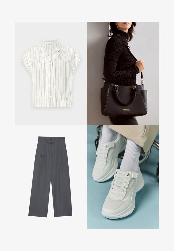 Rövid ujjú ing könnyű, krémszínű anyagból, függőleges barna csíkokkal, gombos záródással és kerekített galléros kivitelben.; Sötét szürke anyagú, bő szárú nadrág, övvel a deréknál, elöl redőkkel és sima textúrával. Nincsenek további minták vagy díszítések.; Fehér sportcipők, amelyek hálós anyagból készültek, gumitalpúak, fűző nélküli kialakítással, rugalmas pántokkal és arany színű kiegészítőkkel rendelkeznek.; Fekete kézitáska texturált felülettel, dupla felső fogantyúval és állítható vállpánttal. Arany színű fém kiegészítők és oldalsó zsebek találhatók rajta.