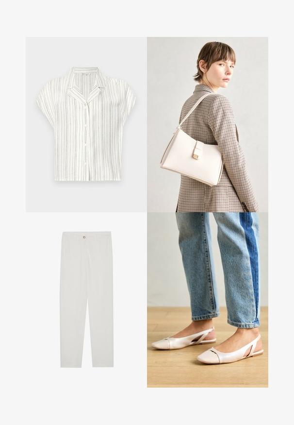 Majica s kratkimi rokavi iz lahkotnega kremastega blaga z navpičnimi rjavimi črtami, ki ima gumbasto zapiranje in obliko zgornjega dela ovratnika.; Bela, krojena hlače z ravnimi nogami, ki vključujejo gumbasto zapiranje, zanke za pas in stranske žepe; gladka tekstura tkanine.; Svijetloružičaste slingback balerinke s šiljastim nožnim prstima, napravljene od glatkog materijala nalik koži. Imaju izrezane detalje sa strane i ravne pete.; Bela usnjena torba s strukturirano zasnovo, opremljena z magnetnim zapiranjem in naramnico, prikazana na nevtralni ozadju.