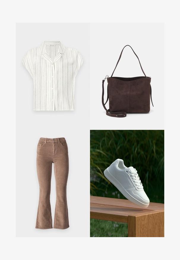 Īsām piedurkņu krekls no viegla krēmkrāsas auduma ar vertikālām brūnām svītrām, ar pogu aizdari un izgriezuma apkakles dizainu.; Brūni kordūrveida izspiedumi ar ribota tekstūru, ar augsto jostasvietu, piecām kabatām un priekšējo pogu aizdari.; Baltie sporta apavi ar gludu sintētisku augšpusi, perforētu pirkstu daļu, plakani šņorēm un rakstainu zoli, novietoti uz koka virsmas.; Brūns zamšādas roku soma ar mīkstu tekstūru, aprīkota ar vienu plecu siksnu un nelielu izliekta augšējā atvēruma dizainu. Nav redzamu metāla detaļu.