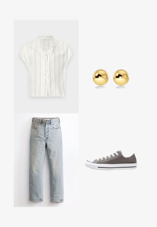 Short-sleeve shirt in lightweight, cream fabric with vertical brown stripes, featuring a button closure and a notched collar design.; Light blue denim jeans with a straight leg design, featuring distressed hem, copper rivets, and a classic five-pocket style.; Gray canvas sneaker with white rubber sole, black stripe, and metal eyelets. Features round toe, low-top design, and textured fabric.; Gold-colored spherical earrings with a shiny, reflective surface. The design is simple and smooth, creating a modern, minimal look.