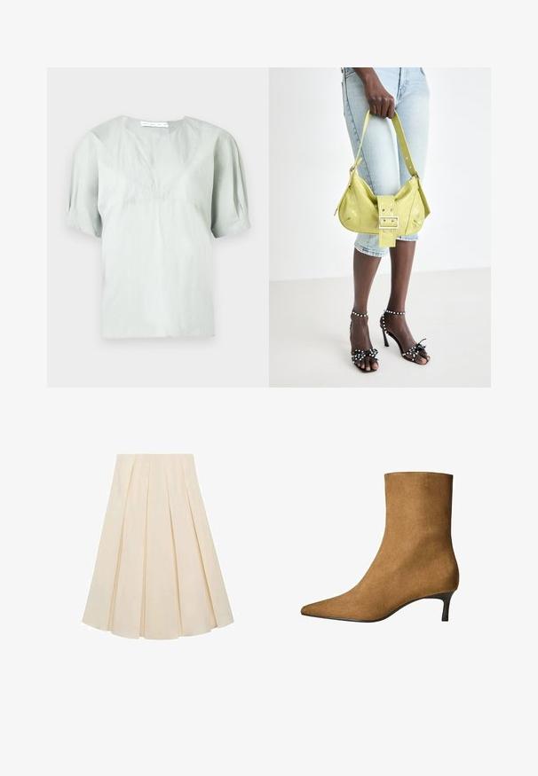 Top grigio chiaro a maniche corte con scollatura rotonda e una texture sottile. Presenta una vestibilità ampia e maniche leggermente arricciate per facilitare i movimenti.; Gonna plissè in tessuto color crema; presenta una consistenza morbida, un design a metà lunghezza e pieghe simmetriche che si estendono dalla vita all'orlo.; Stivaletto in suede marrone con punta affusolata e tacco kitten basso. Design elegante e slanciato con una texture liscia e accenti minimi.; Borsa perforata gialla con dettaglio a fibbia e tracolla regolabile, abbinata a pantaloni corti in denim e sandali neri con tacco alto e fiocchi.