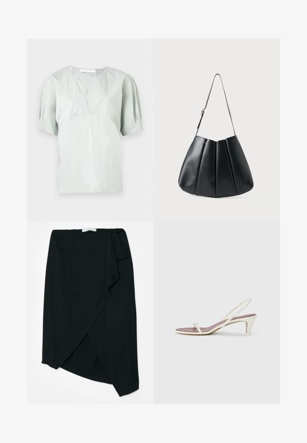 Gaiši pelēka īss piedurkņu blūze ar apaļu izgriezumu un smalku faktūru. Raksturo vaļīga piegriezuma un nedaudz pūstām piedurknēm ērtākai kustībai.; Melna apakšsvārki no viegla auduma ar smalku tekstūru. Asimetrisks apakšmalas dizains un sānu krokošanas detalizācija. Nav redzamu detaļu vai akcentu.; Baltas siksnas sandales ar nelielu papēdi, plānām siksniņām un gludu ādas tekstūru; ar nelielu dekoratīvu sprādzi.; Melnas ādas plecu soma ar krokotu dizainu, gludu faktūru, vienu siksnu un smalku zelta aparatūru.