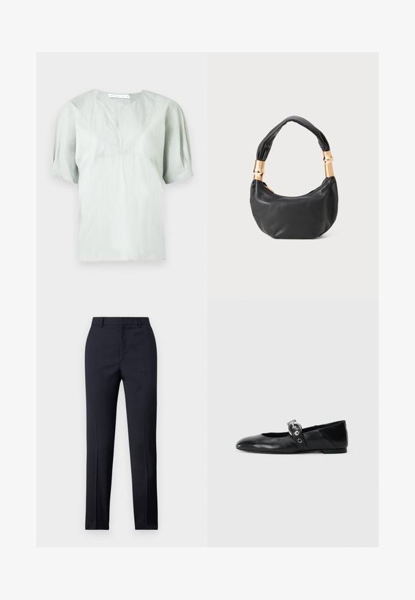 Light grey short-sleeve top with a round neckline and subtle texture. Features a loose fit and slightly puffed sleeves for ease of movement.; Navy tailored trousers with a straight cut, featuring a smooth texture, two front pockets, and a clean waistband.; Black leather ballet flats with a pointed toe, featuring a strap with a circular metallic buckle and a flat sole.; Black leather handbag with a round shape, soft texture, and a knotted handle featuring gold-tone hardware accents. Zipper closure.