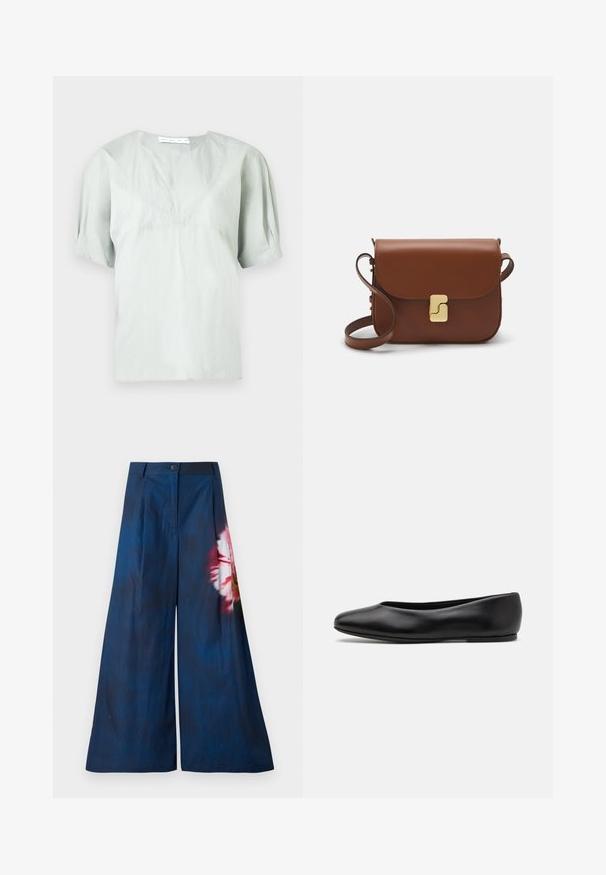 Light grey short-sleeve top with a round neckline and subtle texture. Features a loose fit and slightly puffed sleeves for ease of movement.; Wide-leg trousers in dark navy fabric, featuring a floral print in pink and yellow on one side, with a button closure at the waist.; Paul Smith TOPANGA - Ballet pumps - black; Brown leather handbag with a flap closure, gold-tone hardware, a shoulder strap, and a smooth texture. Compact rectangular shape.