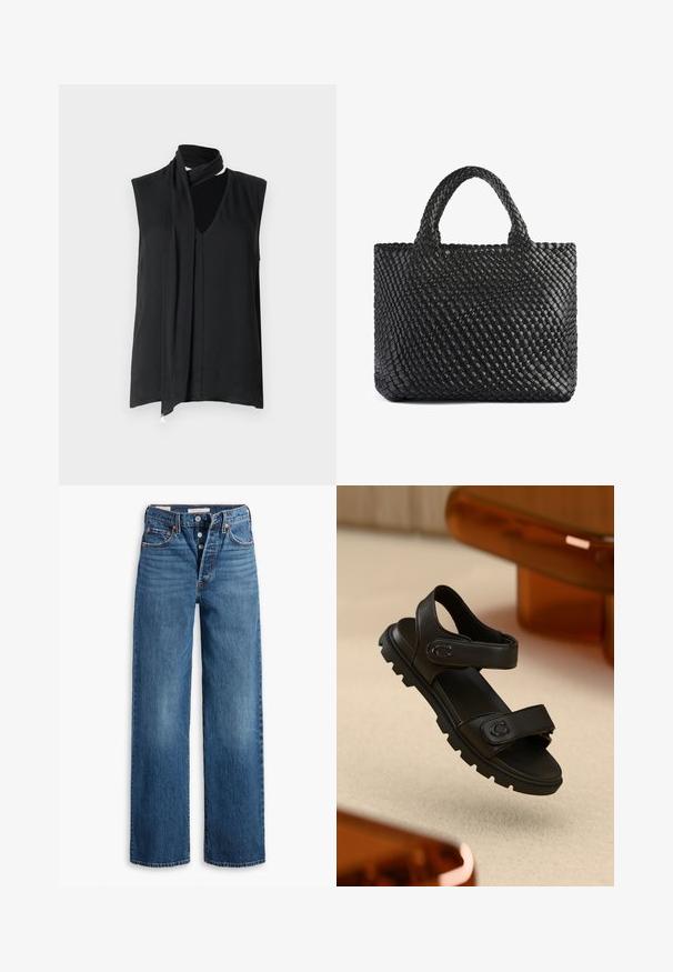 Sort ærmeløs top med en draperet halsudskæring og tørklæde detaljer, med en glat tekstur og subtil plissering ned foran.; To sene uden ærmer bodysuits i olivengrøn og sort. Lavet af glat stof med en rund halsudskæring og et højt skåret ben design.; Blå denim jeans med en vid benstruktur, fem lommer, knaplukning og kontraststing. Strukturstof med en falmet overflade.; Sort lædersandal med to justerbare remme, tekstureret sål og dristigt, chunky design. Har et logoaccent på remmen.; Sort vævet tote taske med to håndtag, der har en tekstureret overflade og en rektangulær form. Enkel, unik design uden synligt hardware.