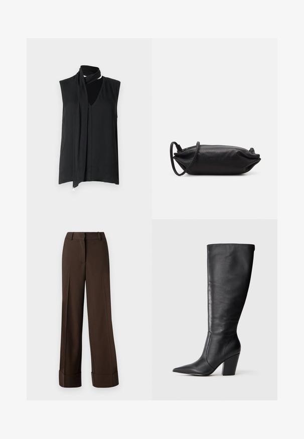 Schwarzes ärmelloses Oberteil mit einem drapierten Ausschnitt und Schal-Details, das eine glatte Textur und subtile Falten im Vorderteil aufweist.; Braune weit geschnittene Hose mit glatter Textur, flachem Vorderteil, gefaltetem Saum und Gürtelschlaufen, entworfen für eine entspannte Passform.; Schwarze kniehohe Lederstiefel mit spitzem Zehen und klobigem hohen Absatz, von der linken Seitenansicht auf weißem Hintergrund gezeigt.; Schwarze Leder-Clutch mit rechteckiger Form, glatter Textur, dünnem Schulterriemen und minimalistischer Gestaltung.