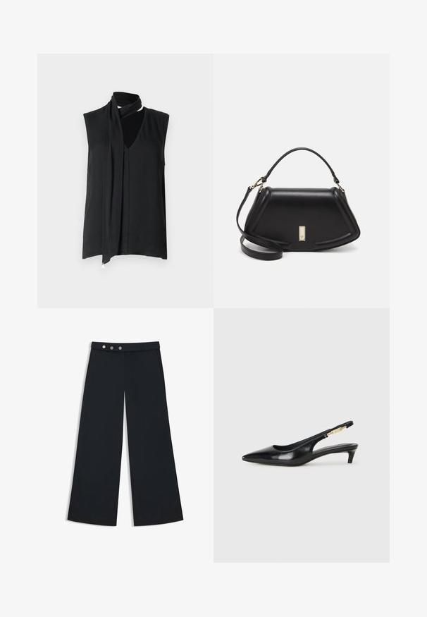 Schwarzes ärmelloses Oberteil mit einem drapierten Ausschnitt und Schal-Details, das eine glatte Textur und subtile Falten im Vorderteil aufweist.; Weite schwarze Hosen mit glatter Textur, ausgestattet mit einem flachen Bund, einem doppelten Knopfverschluss und seitlichen Taschen.; Schwarze Leder-Slingback-Pumps mit spitzem Schuhblatt, ausgestattet mit einem schlanken Absatz und einem goldfarbigen Akzent am verstellbaren Riemen. Glatte Textur.; Schwarze Lederhandtasche mit einem strukturierten Design, das eine verkürzte Form, einen oberen Griff und goldfarbene Hardware-Details aufweist. Verstellbarer Schulterriemen ist enthalten.