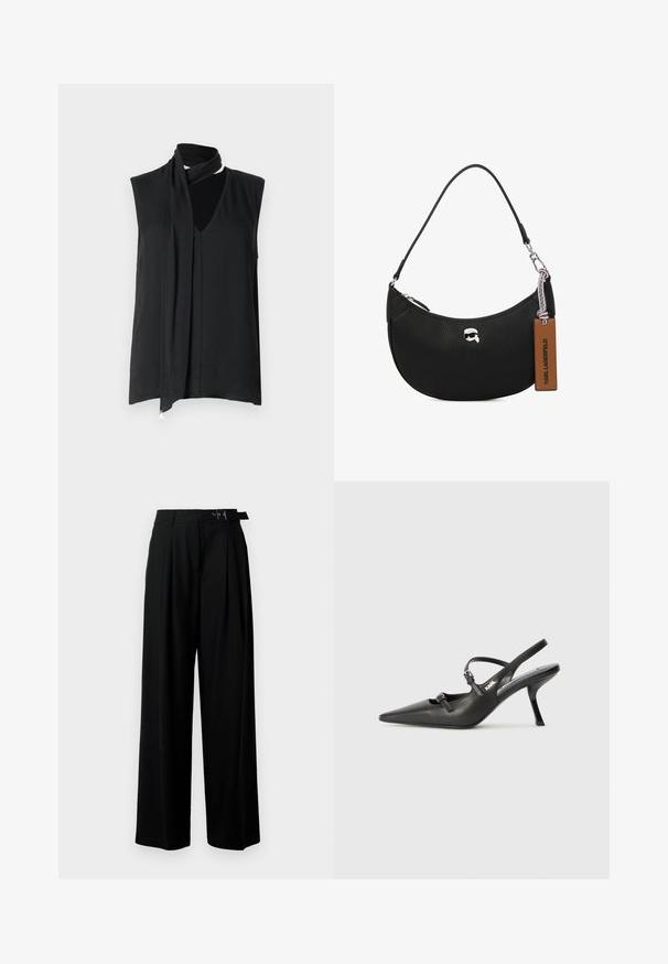 Zwarte mouwloze top met een gedrapeerde halslijn en sjaaldetail, met een soepele textuur en subtiele plooien aan de voorkant.; Zwarte wijde broek met hoge taille, plooien aan de voorkant en een riem met een gesp. Gemaakt van glad, lichtgewicht stof.; Zwarte leren slingback hakken met een spitse neus, slanke hak en decoratieve gespdetails op de bovenkant. Gladde textuur en een strakke uitstraling.; Zwarte leren handtas met een steentjesstructuur, gebogen vorm, bovenste ritsluiting, zilverkleurige hardware en een bruine label. Bevat een logo-accent.