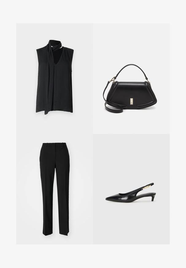 Černý bezramínkový top s volným výstřihem a detaily šálu, s hladkou texturou a jemným skladáním vpředu.; Černé kalhoty na míru se střihem do rovna, které mají hladkou texturu a ostré sklady na přední straně. Bez viditelného kování.; Černé kožené boty na podpatku s otevřenou patou a špičatou špičkou, s tenkým podpatkem a zlatým akcentem na nastavitelném pásku. Hladký povrch.; Černá kožená kabelka se strukturovaným designem, jejíž tvar je zkrácený, má horní rukojeť a zlaté kovové detaily. Součástí je i nastavitelný ramenní popruh.