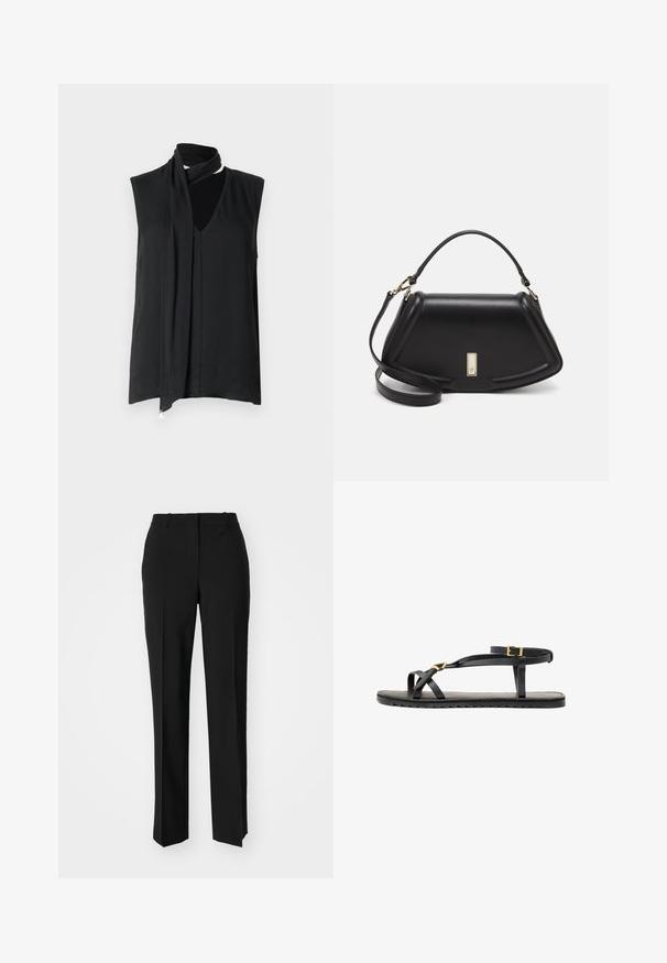 Zwarte mouwloze top met een gedrapeerde halslijn en sjaaldetail, met een soepele textuur en subtiele plooien aan de voorkant.; Zwarte op maat gemaakte broek met een recht model, voorzien van een soepele textuur en scherpe plooien aan de voorkant. Geen zichtbare hardware.; Zwarte leren sandalen met dunne banden en een gespsluiting rond de enkel. Platte zool met een gestructureerde afwerking en een zigzagrand. Minimalistisch design.; Zwarte leren handtas met een gestructureerd ontwerp, featuring een verkorte vorm, bovenhandvat en gouden hardwareaccent. Inclusief verstelbare schouderband.