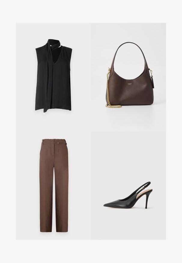 Melnā bez piedurknēm topa ar drapētu dekoltē un šallei līdzīgu detaļu, kas izceļas ar gludu tekstūru un smalku pleitu pa priekšpusi.; Brūni, augsto jostasvietu bikses ar saplēstu jostasvietu, taisnu griezumu un smalku spīdumu. Iekļauj jostas cilpas un izsmalcinātu, piegriezta izskata dizainu.; Melna ādas slingback augstpapēžu kurpe ar norādītu purngalu, gludu tekstūru un smalku siksniņu ar metalizētu sprādzi.; COACH BROOKLYN SHOULDER BAG 23 - Rokassoma - maple