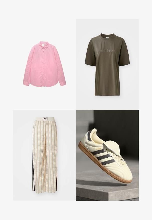 Camicia button-up rosa chiaro con righe bianche verticali, colletto a punta e maniche lunghe con polsini arrotolati, realizzata in tessuto morbido.; T-shirt in cotone verde oliva con scollatura a girocollo, maniche corte e logo "adidas" tono su tono sul petto. Design minimalista e texture liscia.; Pantaloni a gamba larga color crema con un motivo a zigzag, dotati di una fascia in vita nera con logo e strisce nere laterali. Tessuto leggero e testurizzato.; Sneaker in pelle crema con tre strisce scure, suola in gomma marrone e punta arrotondata. Presenta una linguetta pieghevole etichettata "SAMBA".